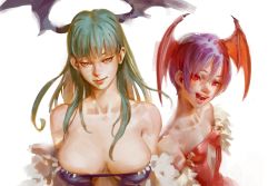 Rule 34 | 2girls, bare shoulders, breasts, closed mouth, commentary, demon girl, fangs, fur trim, green hair, hair between eyes, head wings, heart, heart-shaped pupils, large breasts, leotard, licking lips, lilith aensland, lips, long hair, looking at viewer, morrigan aensland, multiple girls, no bra, open mouth, pink lips, purple hair, red eyes, red leotard, revealing clothes, seductive smile, short hair, simple background, small breasts, smile, symbol-shaped pupils, timbougami, tongue, tongue out, vampire (game), white background, wings