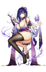 Rule 34 | 1girl, absurdres, armor, ass, barefoot, braid, breasts, coattails, commentary request, earrings, floating, floating object, flower, genshin impact, hair censor, hair ornament, highres, holding, holding sword, holding weapon, human scabbard, japanese clothes, jewelry, kimono, kiriko (araragikoyomi), large breasts, long hair, long sleeves, looking at viewer, mitsudomoe (shape), mole, mole under eye, nail polish, no shoes, obi, obiage, obijime, open mouth, purple eyes, purple flower, purple hair, purple nails, raiden shogun, ribbon, sash, shoulder armor, simple background, single thighhigh, slippers, solo, sword, thighhighs, thighs, tomoe (symbol), weapon, white background, wide sleeves