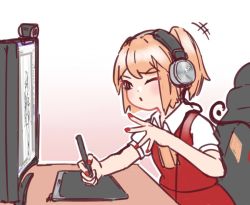 Rule 34 | +++, 1girl, ;o, ascot, blonde hair, chair, commentary, desk, drawing, drawing tablet, english commentary, flandre scarlet, gradient background, headphones, monitor, nail polish, no headwear, one eye closed, open mouth, puffy short sleeves, puffy sleeves, recursion, red eyes, red nails, red skirt, short hair, short sleeves, side ponytail, simple background, sitting, skirt, skirt set, solo, touhou, upper body, vest, webcam, wings, yoruny