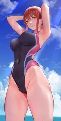 Rule 34 | 1girl, absurdres, armpits, arms behind head, blue sky, breasts, chainsaw man, competition swimsuit, covered navel, from below, highleg, highleg swimsuit, highres, large breasts, long hair, looking at viewer, makima (chainsaw man), ocean, one-piece swimsuit, parted lips, red hair, ringed eyes, sawatari kazuma, sidelocks, sky, smile, solo, swimsuit, yellow eyes