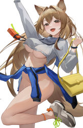 Rule 34 | 1girl, :d, absurdres, adapted costume, ambience synesthesia, animal ears, arknights, arm up, bag, blue jacket, blush, bottomless, bouncing breasts, bracelet, breasts, brown eyes, brown hair, ceobe (arknights), clothes around waist, crop top, crop top overhang, dog ears, dog girl, dog tail, expressionless, grey footwear, grey sweater, handbag, highres, holding, holding bag, jacket, jacket around waist, jewelry, large breasts, leg up, long hair, long sleeves, looking at viewer, navel, official alternate costume, open mouth, shoes, simple background, smile, sneakers, solo, standing, standing on one leg, stomach, sweater, tail, very long hair, white background, zombie ke