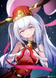 Rule 34 | 1girl, bare shoulders, bell, breasts, christmas, commentary request, dress, fur trim, girls&#039; frontline, girls&#039; frontline neural cloud, gloves, grey hair, hat, head tilt, highres, jing th, large breasts, long hair, looking at viewer, neck bell, official alternate costume, purple eyes, red dress, red hat, solo, undine (neural cloud), upper body, weibo username