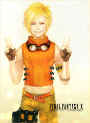 Rule 34 | 00s, 1boy, androgynous, armband, bad id, bad pixiv id, bandaid, bare shoulders, belt, blonde hair, copyright name, double v, earrings, final fantasy, final fantasy x, fingerless gloves, genderswap, genderswap (ftm), gloves, goggles, green eyes, grin, hair ornament, hairclip, happy, j (onose1213), jewelry, looking away, male focus, midriff, navel, one eye closed, rikku (ff10), short hair, sleeveless, sleeveless turtleneck, smile, solo, standing, sweater, thigh strap, turtleneck, v, wink, x hair ornament