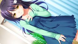Rule 34 | 1girl, closed mouth, collarbone, female focus, fingernails, game cg, hair ornament, hairpin, half-closed eyes, highres, indoors, long hair, looking at viewer, onii-chan daisuki!, solo, wataya mio, wavy mouth