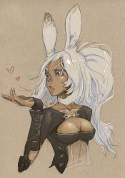 Rule 34 | 00s, 1girl, animal ears, bankage, blowing kiss, breasts, cleavage, dark-skinned female, dark skin, final fantasy, final fantasy xii, fran (ff12), lips, long hair, nose, rabbit ears, red eyes, revealing clothes, see-through, solo, upper body, vambraces, viera, white hair