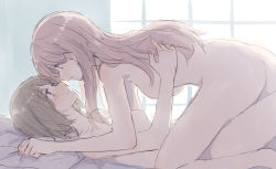 Rule 34 | 2girls, absurdres, betock, blush, brown hair, completely nude, eye contact, girl on top, hand on another&#039;s back, highres, long hair, looking at another, lying, multiple girls, nude, on back, on bed, original, short hair, sketch, yuri
