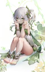 Rule 34 | 1girl, absurdres, armlet, bare shoulders, blush, closed mouth, detached sleeves, dress, elbows on knees, full body, genshin impact, gradient hair, green dress, green eyes, green hair, green sleeves, grey hair, hair ornament, highres, leaf hair ornament, long hair, looking at viewer, megu (pixiv9460065), multicolored hair, nahida (genshin impact), pointy ears, side ponytail, simple background, sitting, sleeveless, sleeveless dress, smile, solo, stirrup footwear, symbol-shaped pupils, thighs, toeless footwear, toes, two-tone dress, white dress, white footwear