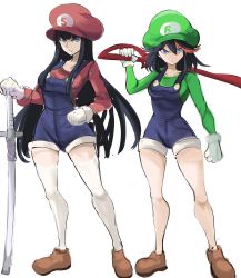 Rule 34 | 2girls, bad id, bad twitter id, black hair, blue eyes, blue overalls, breasts, brown footwear, closed mouth, cosplay, full body, gloves, green headwear, green shirt, hat, highres, holding, holding sword, holding weapon, katana, kill la kill, kiryuuin satsuki, long hair, long sleeves, looking at viewer, luigi, luigi (cosplay), mario, mario (cosplay), mario (series), matoi ryuuko, multicolored hair, multiple girls, nintendo, over shoulder, overalls, rakeemspoon, red headwear, red shirt, scissor blade (kill la kill), shirt, shoes, short hair, siblings, side-by-side, simple background, sisters, standing, streaked hair, sword, sword over shoulder, thighhighs, thighs, very long hair, weapon, weapon over shoulder, white background, white gloves, white legwear