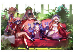 Rule 34 | 5girls, alternate costume, bat wings, black gloves, blonde hair, blue hair, braid, couch, crescent, cup, drinking glass, flandre scarlet, flower, gloves, grass, hat, hong meiling, izayoi sakuya, long hair, looking at viewer, multiple girls, patchouli knowledge, purple eyes, purple hair, red eyes, red hair, remilia scarlet, shikido, short hair, silver hair, sitting, touhou, twin braids, wine glass, wings