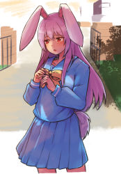 Rule 34 | 1girl, alternate costume, animal ears, blue jacket, blue skirt, contemporary, embarrassed, ginnkei, jacket, long hair, long sleeves, open mouth, pink hair, rabbit, rabbit ears, rabbit girl, rabbit tail, red eyes, reisen udongein inaba, school uniform, shadow, skirt, solo, tail, touhou