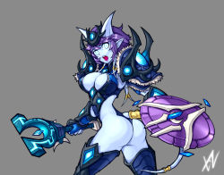 Rule 34 | 1girl, armor, ass, player character (wow), bad id, bad pixiv id, blue eyes, blue skin, breasts, cleavage, colored skin, draenei, glowing, glowing eyes, horns, jairou, large breasts, looking back, mace, pointy ears, purple hair, shaman, shaman (warcraft), shield, short hair, shoulder pads, simple background, solo, tail, warcraft, weapon, world of warcraft