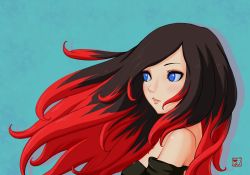Rule 34 | 1girl, bare shoulders, black hair, blue background, blue eyes, crow (gravity daze), detached sleeves, gravity daze, gravity daze 2, image sample, lips, lipstick, long hair, makeup, multicolored hair, red hair, solo, strapless, twitter sample, two-tone hair