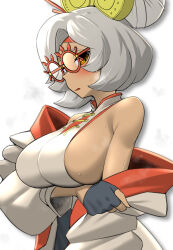 Rule 34 | 1girl, arm under breasts, black gloves, blush, breasts, brown eyes, coat, coat partially removed, eyelashes, female focus, fingerless gloves, from side, glasses, gloves, goggles, goggles on head, hair bun, hair ornament, hair stick, highres, large breasts, long sleeves, nintendo, open mouth, pero (pero7762), purah, red-framed eyewear, round eyewear, shirt, short hair, sideboob, sleeveless, sleeveless shirt, solo, steaming body, sweat, the legend of zelda, the legend of zelda: tears of the kingdom, upper body, white hair, wide sleeves
