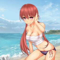 Rule 34 | 1girl, bandaged chest, bandages, bare arms, bare shoulders, beach, blue sky, breasts, cleavage, closed mouth, cloud, cloudy sky, commentary request, day, feet out of frame, hair between eyes, hand up, light blush, long hair, looking at viewer, medium breasts, musujime awaki, navel, ocean, outdoors, pink eyes, red hair, sand, shin (highest1192), sky, solo, stomach, toaru majutsu no index, toaru majutsu no index: old testament, twintails, water, waves