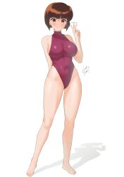 Rule 34 | 1girl, absurdres, barefoot, breasts, brown eyes, brown hair, competition swimsuit, covered navel, curvy, full body, geraldjess1, highleg, highleg swimsuit, highres, large breasts, looking at viewer, one-piece swimsuit, ranma 1/2, short hair, skin tight, smile, solo, standing, swimsuit, tendou nabiki, white background, wide hips