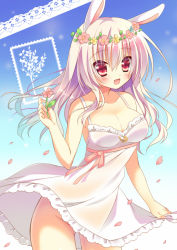 Rule 34 | 1girl, :d, animal ears, bad id, bad pixiv id, bare shoulders, blush, breasts, cleavage, clothes lift, dress, dress lift, flower, flower on head, head wreath, holding, long hair, looking at viewer, medium breasts, no panties, open mouth, original, petals, rabbit ears, red eyes, sakura yuzuna, silver hair, smile, solo, standing, sumisaki yuzuna, white dress, wind