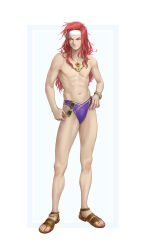 Rule 34 | 1boy, absurdres, blue eyes, headband, highres, kazuko (towa), long hair, male focus, male swimwear, one eye closed, red hair, sandals, simple background, smile, sunglasses, swim briefs, swimsuit, tales of (series), tales of symphonia, topless male, white headband, zelos wilder