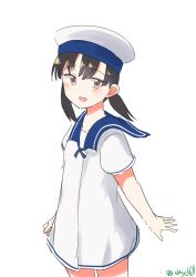 Rule 34 | 1girl, absurdres, black hair, blue collar, collar, dress, hat, highres, kantai collection, one-hour drawing challenge, purple eyes, robinson (day l full), sailor dress, sailor hat, short hair, short sleeves, shounan (kancolle), simple background, smile, solo, standing, twintails, white background, white dress, white hat