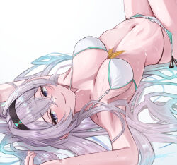 Rule 34 | 1girl, absurdres, alternate costume, armpits, arms up, bikini, breasts, check commentary, cleavage, collarbone, commentary, commentary request, firefly (honkai: star rail), from above, gradient hair, green hair, hair between eyes, hair spread out, highres, honkai: star rail, honkai (series), knees out of frame, large breasts, looking at viewer, lying, miya-chan (lightning0730), multicolored hair, navel, on back, paid reward available, purple eyes, ribbon, side-tie bikini bottom, simple background, smile, solo, stomach, swimsuit, wet, white background, white bikini, white hair, yellow ribbon