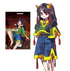 Rule 34 | 1girl, absurdres, arms behind back, belt, black belt, black hair, blue shorts, game screenshot, green shirt, highres, horns, long hair, nippaku zanmu, nunrb, official art inset, oni horns, open mouth, red eyes, shirt, shorts, simple background, smile, solo, touhou, unfinished dream of all living ghost, white background, zun (artist)