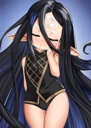 Rule 34 | 1girl, absurdres, bare shoulders, black hair, black one-piece swimsuit, blue background, blush, breasts, closed eyes, closed mouth, facial mark, forehead, forehead mark, gradient background, granblue fantasy, hair between eyes, hand on own cheek, hand on own face, harvin, highres, long hair, luonawei, one-piece swimsuit, parted bangs, pointy ears, rei (granblue fantasy), small breasts, smile, swimsuit, thighs, very long hair
