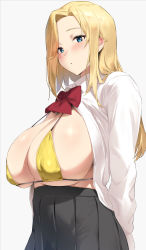 Rule 34 | 1girl, arms behind back, bikini, black skirt, blonde hair, blue eyes, blush, bow, bowtie, breasts, breasts out, cleavage, collared shirt, dress shirt, high-waist skirt, highres, kurowa, large breasts, long hair, long sleeves, looking at viewer, open clothes, open shirt, original, parted bangs, pleated skirt, shirt, skirt, solo, swimsuit, white shirt, yellow bikini