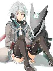 Rule 34 | 1other, androgynous, boots, closed mouth, coat, collared shirt, dated, eiyuu densetsu, expressionless, eyelashes, falcom, grey coat, grey hair, headphones, highres, kuro no kiseki, long sleeves, looking at viewer, male focus, necktie, open clothes, open coat, purple eyes, quatre salision, robot, robot animal, robot dog, shadow, shirt, short shorts, shorts, sidelocks, simple background, sitting, sleeves past wrists, thigh boots, thighhighs, thighs, toumorian, twitter username, white background, white shorts, xeros (eiyuu densetsu)