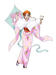 Rule 34 | 1girl, bleach, bleach: brave souls, blue eyes, breasts, full body, furisode, highres, inoue orihime, japanese clothes, kimono, kite, kubo tite, large breasts, long hair, new year, official art, orange hair, pink kimono, simple background, smile, solo, yukata