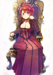 Rule 34 | 10s, 1girl, argyle, breasts, choker, cleavage, dress, fake horns, horns, large breasts, long hair, maou (maoyuu), maoyuu maou yuusha, red dress, red eyes, red hair, revision, sitting, smile, solo, throne, umeboshitora, white background