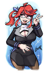 Rule 34 | 1girl, 2018, blue background, breasts, cleavage, cleavage cutout, clothing cutout, creatures (company), game freak, gerph, glasses, hair ornament, hair tie, heart, highres, large breasts, leggings, lorelei (pokemon), nail polish, nintendo, pencil skirt, pokemon, pokemon lgpe, ponytail, red hair, red lips, red nails, sidelocks, skirt, smile, solo, v
