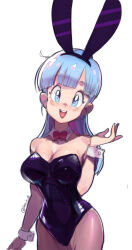 Rule 34 | 1girl, alternate costume, animal ears, aqua hair, artist name, black leotard, blue eyes, blue hair, breasts, bulma, curvy, detached collar, dragon ball, dragon ball (classic), dragonball z, fake animal ears, fishnet pantyhose, fishnets, highleg, highleg leotard, highres, large breasts, leotard, long hair, looking at viewer, non-web source, official alternate costume, open mouth, pantyhose, playboy bunny, rabbit ears, shiny clothes, short hair, simple background, smile, solo, strapless, strapless leotard, wide hips, wrist cuffs