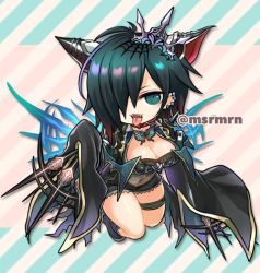 Rule 34 | 1girl, animal ears, bad id, bad pixiv id, black dress, black socks, breasts, bug, butterfly, chibi, cleavage, commentary request, diagonal stripes, dress, full body, gradient hair, green eyes, green hair, hair over one eye, insect, kneehighs, large breasts, long hair, long sleeves, looking at viewer, mashiro miru, multicolored hair, open mouth, puzzle &amp; dragons, red hair, roche (p&amp;d), short dress, sleeves past fingers, sleeves past wrists, socks, solo, striped, thigh strap, tongue, tongue out, twitter username