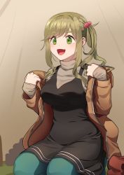 Rule 34 | 1girl, :d, black dress, blush, breasts, brown jacket, brown sweater, dress, fang, green pantyhose, hair behind ear, inuyama aoi, jacket, kamille (vcx68), long hair, medium breasts, open mouth, pantyhose, plump, side ponytail, skin fang, smile, solo, sweater, thick eyebrows, turtleneck, turtleneck sweater, virtual youtuber, yurucamp