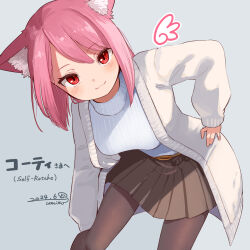 Rule 34 | 1girl, animal ear fluff, animal ears, black pantyhose, brown skirt, cat ears, closed mouth, dated, grey background, hand on own hip, highres, jacket, leaning forward, long sleeves, open clothes, open jacket, original, pantyhose, pink hair, red eyes, simple background, skirt, smile, solo, sweater, umino hotate, white sweater