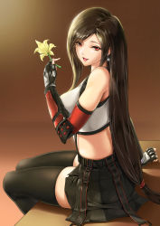 Rule 34 | 1girl, :d, absurdres, arm guards, black gloves, black hair, black skirt, black thighhighs, breasts, crop top, earrings, elbow gloves, final fantasy, final fantasy vii, final fantasy vii remake, fingerless gloves, flower, gi gi, gloves, highres, holding, holding flower, jewelry, large breasts, long hair, looking at viewer, low-tied long hair, open mouth, pleated skirt, red eyes, shirt, sitting, skirt, sleeveless, smile, solo, sports bra, suspender skirt, suspenders, thighhighs, tifa lockhart, white shirt, yellow flower, | |