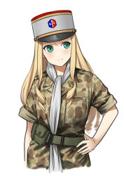 Rule 34 | 1girl, absurdres, ammunition pouch, bc freedom (emblem), belt, blonde hair, camouflage, camouflage jacket, camouflage pants, closed mouth, commentary, cross, drill hair, emblem, english commentary, french army, girls und panzer, green eyes, hand on own hip, hat, highres, jacket, kepi, long hair, long sleeves, looking to the side, mardjan, marie (girls und panzer), military, military hat, neckerchief, pants, peaked cap, pouch, red hat, shoulder boards, sleeves rolled up, smile, solo, two-barred cross, two-tone headwear, upper body, white background, white hat, white neckerchief