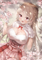 Rule 34 | 1girl, blush, breasts, brown eyes, cherry blossoms, cleavage, conte di cavour (kancolle), conte di cavour nuovo (kancolle), dress, gloves, highres, kantai collection, large breasts, layered dress, long hair, open mouth, petals, short sleeves, silver hair, smile, solo, toka (marchlizard), white dress, white gloves