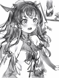 Rule 34 | 1girl, bad id, bad pixiv id, bare shoulders, blush, breasts, cleavage, detached sleeves, greyscale, highres, hololive, hololive english, horns, irys (hololive), long hair, medium breasts, monochrome, nanashi (nlo), open mouth, shoes, solo, standing, virtual youtuber