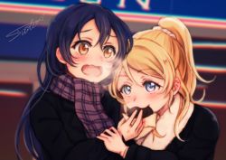 Rule 34 | 10s, 2girls, ayase eli, baozi, black coat, blonde hair, blue eyes, blue hair, blurry, blurry background, blush, breath, brown eyes, coat, food, food theft, lilylion26, long hair, long sleeves, love live!, love live! school idol project, multiple girls, open mouth, ponytail, scarf, scrunchie, signature, sonoda umi, upper body, wavy mouth, winter clothes, yuri