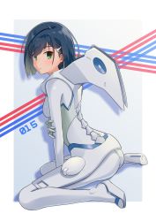 Rule 34 | 10s, absurdres, arm between legs, arm up, blue hair, bodysuit, commentary, darling in the franxx, ears visible through hair, gradient background, green eyes, grey bodysuit, hair between eyes, hair ornament, highres, ichigo (darling in the franxx), looking at viewer, multicolored footwear, nraib, short hair, sitting, solo
