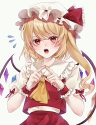 Rule 34 | 1girl, ascot, blonde hair, collarbone, collared shirt, cowboy shot, crystal, flandre scarlet, flying sweatdrops, frilled shirt collar, frills, hat, hat ribbon, heart, heart-shaped pupils, highres, ki 1315, long hair, looking at viewer, mob cap, multicolored wings, open mouth, own hands together, puffy short sleeves, puffy sleeves, red eyes, red ribbon, red skirt, red vest, ribbon, ribbon-trimmed headwear, ribbon trim, shirt, short sleeves, simple background, skirt, solo, symbol-shaped pupils, teeth, touhou, upper teeth only, vest, white background, white hat, white shirt, wings, wrist cuffs, yellow ascot