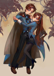 Rule 34 | 1boy, 1girl, aqua eyes, aqua vest, ascot, brooch, brother and sister, brown hair, cape, collared shirt, dancing, dark persona, dipper gleeful, edenfox, facial mark, forehead mark, formal, gem, glowing jewelry, gravity falls, hair ornament, hairband, hand on own hip, high heels, holding hands, implied incest, jewelry, long hair, mabel gleeful, pantyhose, shirt, short hair, siblings, skirt, swept bangs, thorns, twins, vest