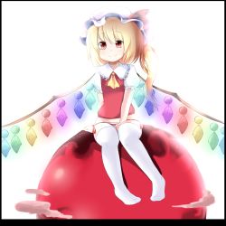 Rule 34 | 1girl, ascot, blonde hair, flandre scarlet, hat, highres, magicalchan, mob cap, no pants, orb, panties, puffy short sleeves, puffy sleeves, red eyes, red panties, short sleeves, side-tie panties, side ponytail, sitting, sitting on object, smile, striped clothes, striped panties, thighhighs, touhou, underwear, white thighhighs, wings