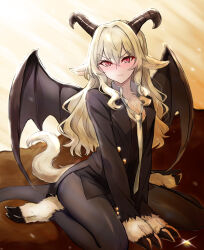 Rule 34 | 1girl, animal ears, barefoot, black horns, black jacket, black pants, black suit, black vest, black wings, blonde hair, blush, body fur, brown background, chibinekopan, closed mouth, collared shirt, commentary request, demon girl, demon horns, demon wings, formal, glint, goat ears, goat tail, gradient background, hair between eyes, hair intakes, highres, hooves, horns, jacket, kemonomimi mode, knees out of frame, long hair, looking at viewer, loose necktie, necktie, nose blush, official alternate costume, open clothes, open jacket, pant suit, pants, partially unbuttoned, red eyes, saijou claudine, shirt, shoujo kageki revue starlight, sidelocks, sitting, solo, suit, sunlight, sweatdrop, torn clothes, torn necktie, torn shirt, v-shaped eyebrows, v arms, vest, wariza, wavy hair, wavy mouth, white necktie, white shirt, wings