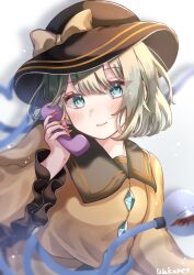 Rule 34 | 1girl, blurry, blurry background, bow, flat chest, frills, grey hair, hat, hat bow, heart, heart of string, highres, holding, holding phone, komeiji koishi, light smile, looking at viewer, nail polish, phone, red nails, shirt, short hair, solo, third eye, touhou, upper body, wakamesu, wide sleeves, yellow shirt