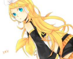 Rule 34 | :o, alternate hairstyle, blonde hair, blue eyes, blush, detached sleeves, future style (module), kagamine rin, long hair, looking back, miyake achi, solo, vocaloid