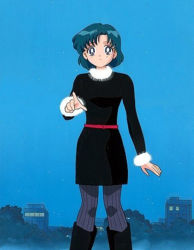 Rule 34 | 1990s (style), bishoujo senshi sailor moon, blue eyes, blue hair, boots, mizuno ami, pantyhose, sweater, winter