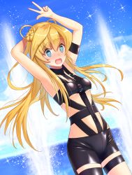 Rule 34 | 1girl, :o, @ @, abukuma (kancolle), blonde hair, blue eyes, blush, bondage outfit, commentary request, double bun, dutch angle, embarrassed, hair rings, highres, hot limit, kantai collection, long hair, meme, sei kousen, solo, t.m.revolution, v, wavy mouth