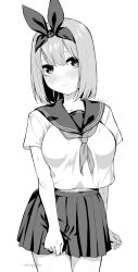 Rule 34 | 1girl, blush, breasts, closed mouth, collarbone, go-toubun no hanayome, greyscale, hairband, highres, irarei (araisanblog), large breasts, looking at viewer, monochrome, nakano yotsuba, neckerchief, pleated skirt, school uniform, short hair, simple background, skirt, solo, sweat, white background