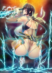 Rule 34 | 00s, 1girl, ass, back, blush, breasts, brown hair, butt crack, curvy, electricity, covered erect nipples, fei (maidoll), huge breasts, lilith-soft, long hair, looking back, ninja, red eyes, solo, squatting, taimanin (series), taimanin asagi, taimanin asagi kessen arena, thick thighs, thighs, uehara rin, underboob, very long hair, wide hips